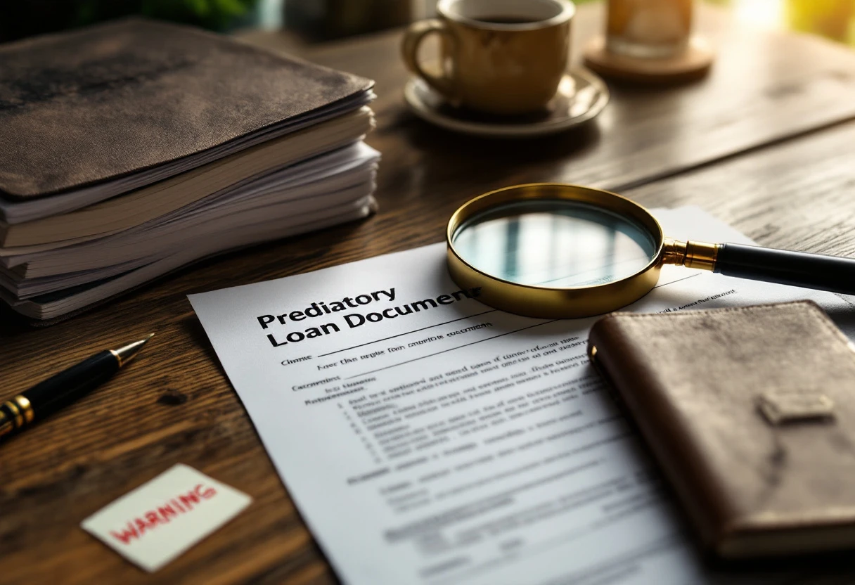 A stack of credit card statements and bills on a wooden table with a pen, reading glasses, and a coffee mug in soft side light.